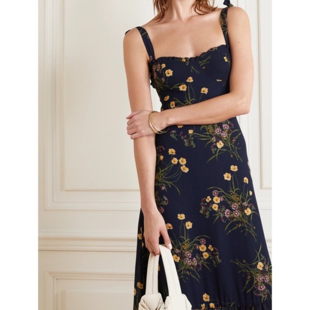 Reformation Navy Floral Midi Dress with Yellow Accents - Picture 4 of 15